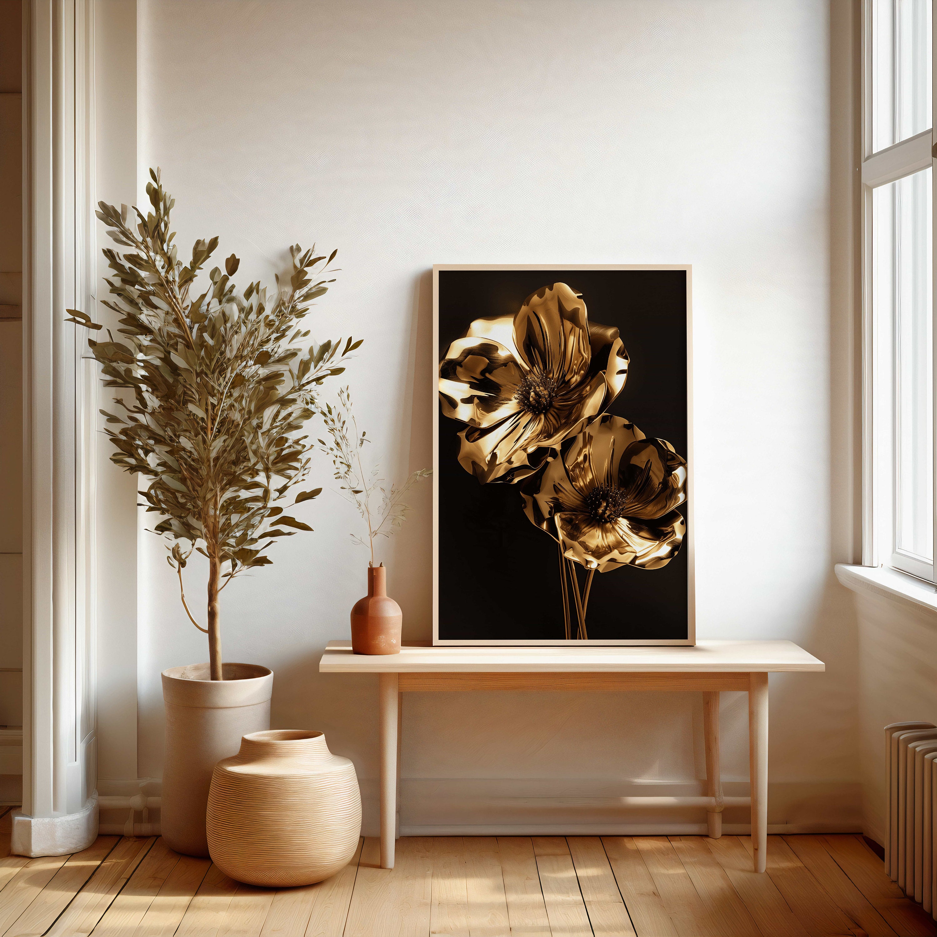 Chic Gold Floral Poster - Contemporary Metallic Flower Art Print - Etsy