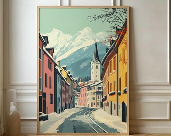 May include: A vintage-style illustration of a snowy European village with colorful buildings, a church steeple, and snow-capped mountains in the background.