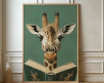 Reading Giraffe Art Print – Whimsical Animal Poster, Playful Decor