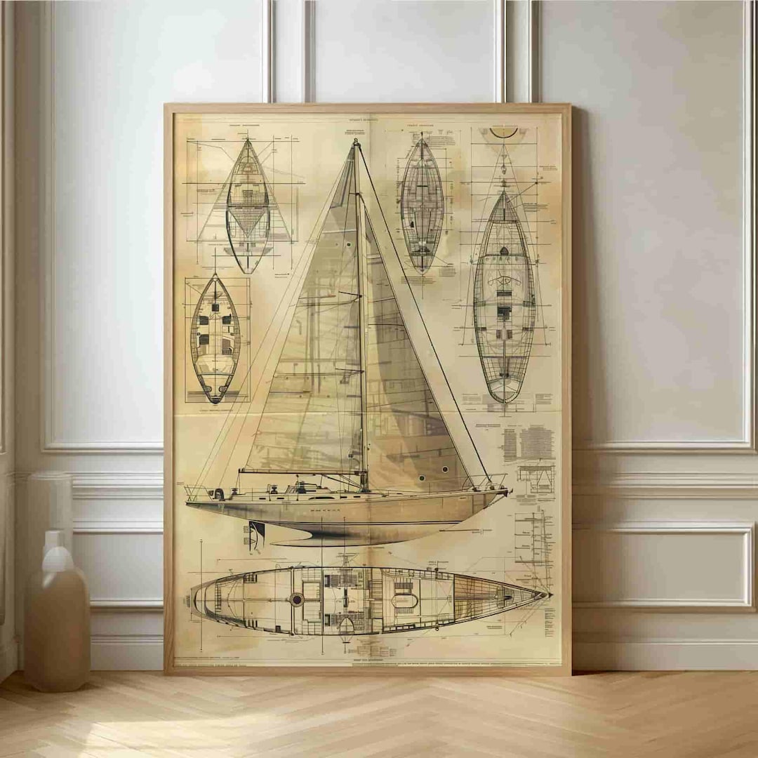 Nautical Blueprint Poster - Vintage Sailing Yacht Design Art for ...