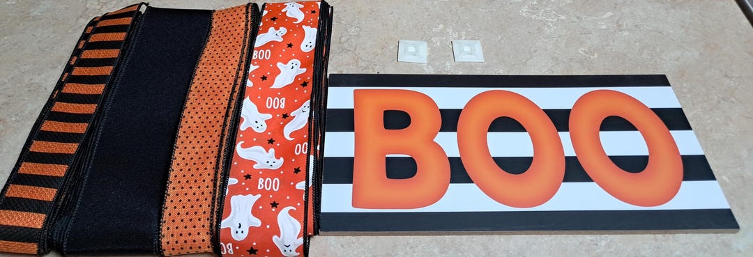 Halloween, BOO Wooden Rectangular Sign Wreath Kit, Wreath Ribbon and ...
