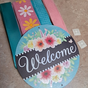 Welcome floral; turquoise,  pink wreath kit, wreath ribbon and sign bundle, Signs for wreaths, wreath supplies, door hanger