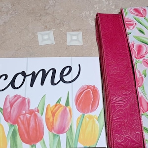 Tulip Welcome spring wooden sign with wreath kit, wreath ribbon and sign bundle, Signs for wreaths, wreath supplies, Tulip wreath kit.