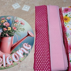 Welcome Spring floral/rainboots metal sign with wreath kit, wreath ribbon and sign bundle, Signs for wreaths, wreath supplies, wreath kit.