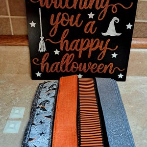 Halloween &quot;Witching you a Happy Halloween&quot; square sign wreath kit, wreath ribbon and sign bundle, wreath sign, wreath supplies. Wreath kits