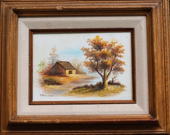 Original landscape painting by Catherine Parker Melton of a Fall Scene. Barn, Foliage, Tree, Wall Art, Wall Decor, Small Painting, Framed.