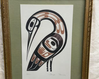 Grabado de garza de George Pennier, nativo de la costa Salish, enmarcado y firmado, 33 x 25 cm, arte de pared, bellas artes, grabado nativo americano.
