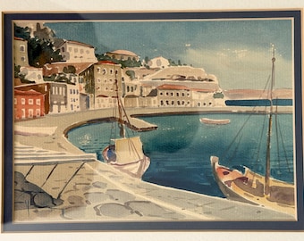 Europäisches Küsten Aquarell 13” x 11” mit Rahmen und Passepartout und signiert