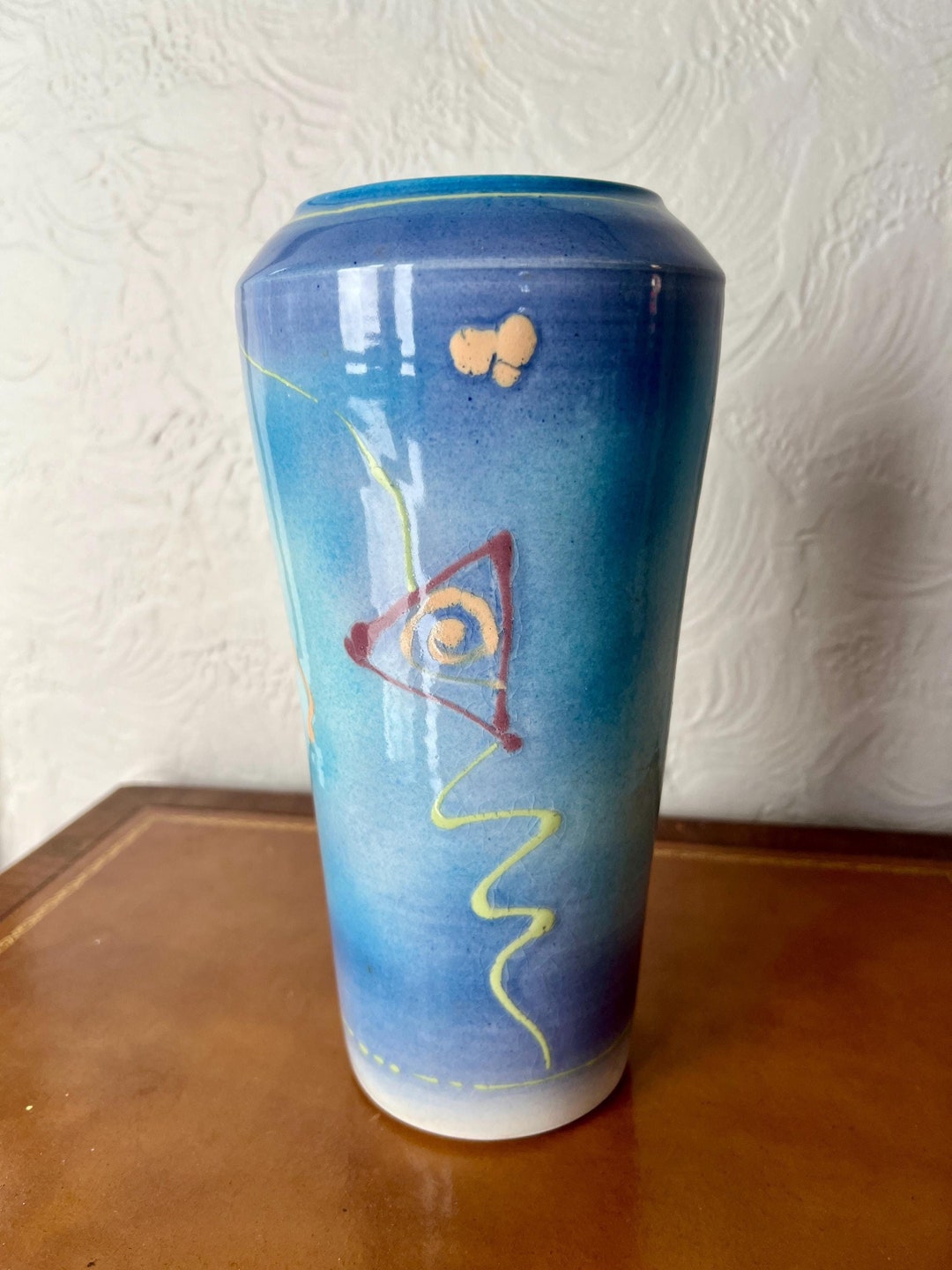 Hand Thrown Studio Art Pottery 10.5” Vase Blue and Greens With Design ...