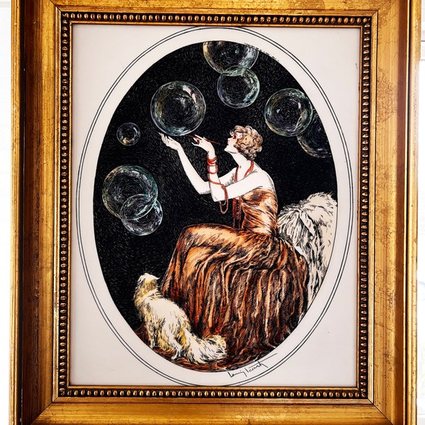 Louis Icart "Bubbles" Art Deco handkolorierte Radierung einer exotischen Frau in einem Goldrahmen. Radierung auf Kunststoff, 63 x 55 cm. Wand Kunst, Dekor