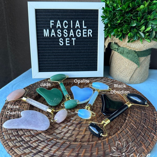 Crystal facial massage set, Green Jade roller, Green Jade gua sha, Rose Quartz facial roller, Rose Quartz gua sha, Black Obsidian, Opalite