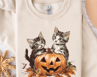 Vintage Halloween Cat Sweatshirt: Spooky Pumpkin Season, Cat Lover Gift