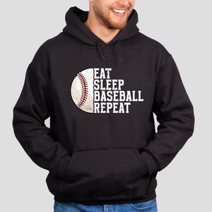May include: Black hooded sweatshirt with a white baseball graphic and the text "Eat Sleep Baseball Repeat".