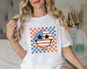 USA Happy Face Checkerboard Shirt: 4th of July Patriotic Tee