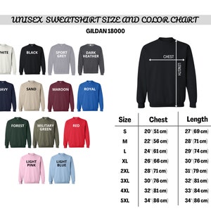 K&ouml;nnte beinhalten: Unisex-Sweatshirt Gr&ouml;&szlig;en- und Farbtabelle f&uuml;r Gildan 18000. Die Tabelle zeigt 12 verschiedene Farben von Sweatshirts, darunter Wei&szlig;, Schwarz, Sportgrau, Dunkelgrau meliert, Marineblau, Sand, Rotbraun, Royalblau, Waldgr&uuml;n, Milit&auml;rgr&uuml;n, Rot, Hellrosa und Hellblau. Die Tabelle enth&auml;lt auch eine Gr&ouml;&szlig;entabelle mit Ma&szlig;en in Zoll und Zentimetern f&uuml;r Brustumfang und L&auml;nge.