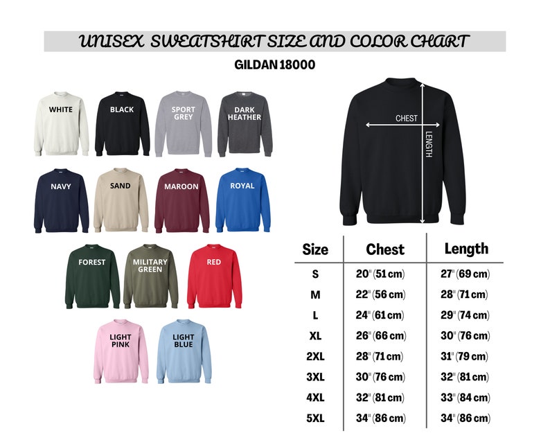 K&ouml;nnte beinhalten: Unisex-Sweatshirt Gr&ouml;&szlig;en- und Farbtabelle f&uuml;r Gildan 18000. Die Tabelle zeigt 12 verschiedene Farben von Sweatshirts, darunter Wei&szlig;, Schwarz, Sportgrau, Dunkelgrau meliert, Marineblau, Sand, Rotbraun, Royalblau, Waldgr&uuml;n, Milit&auml;rgr&uuml;n, Rot, Hellrosa und Hellblau. Die Tabelle enth&auml;lt auch eine Gr&ouml;&szlig;entabelle mit Ma&szlig;en in Zoll und Zentimetern f&uuml;r Brustumfang und L&auml;nge.