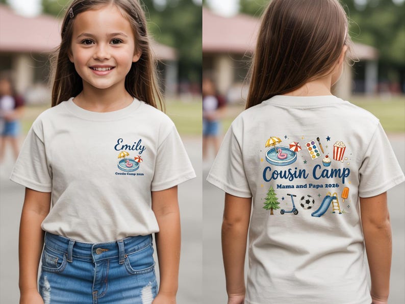 Pu&ograve; includere: Una t-shirt beige a maniche corte con una piccola grafica sul petto sinistro che include il nome Emily e una piscina. Il retro presenta una grande grafica con il testo Cousin Camp, Mama and Papa 2026 e varie icone estive.