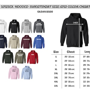 May include: Unisex hooded sweatshirt size and color chart with a variety of colors including white, black, sport grey, dark heather, navy, sand, maroon, royal, forest, military green, red, light pink, and light blue. The chart shows the chest and length measurements in inches and centimeters for sizes S through 5XL.