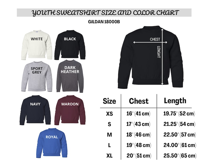 K&ouml;nnte beinhalten: Gr&ouml;&szlig;en- und Farbtabelle f&uuml;r Jugend-Sweatshirts mit Gildan 18000B oben aufgedruckt. Die Tabelle zeigt verschiedene Farben von Sweatshirts, darunter Wei&szlig;, Schwarz, Sportgrau, Dunkelgrau meliert, Marineblau, Rotbraun und K&ouml;nigsblau. Die Tabelle enth&auml;lt auch eine Gr&ouml;&szlig;entabelle mit Ma&szlig;en in Zoll und Zentimetern f&uuml;r Brustumfang und L&auml;nge.