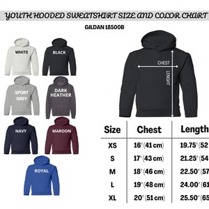 May include: Youth hooded sweatshirt size and color chart for Gildan 18500B. The chart shows the different sizes and colors available, along with the corresponding chest and length measurements in inches and centimeters.