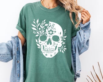 Comfort Colors Floral Skull Halloween Shirt: Vintage Graphic Tee