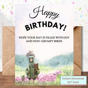 Tarjeta de cumpleaños imprimible, tarjeta 5x7, saludos de cumpleaños, imprimir en casa, descargar, humorístico, divertido, digital, descarga instantánea, caprichoso, pájaros