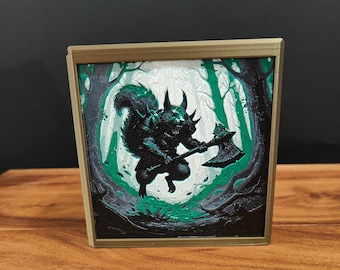 May include: Square framed art print featuring a fantasy illustration of a squirrel-like creature wielding an axe in a forest setting. The artwork uses shades of black, green, and white, with a gold-colored frame. The creature is depicted in a dynamic, action-oriented pose.