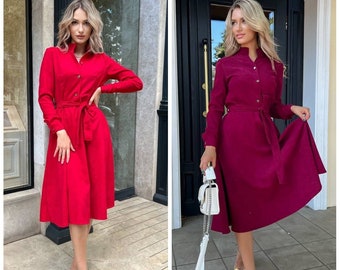 Red dress with belt and long sleeves, Corduroy burgundy midi dress