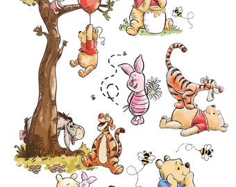 May include: A whimsical illustration featuring Winnie the Pooh and friends. Pooh is seen with a honey pot, Piglet, Tigger, Eeyore, and bees. The artwork has a warm color palette with a tree and a red balloon.