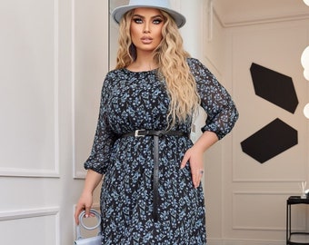 Black Printed Chiffon Dress, Navy blue floral dress with belt,  Plus Size