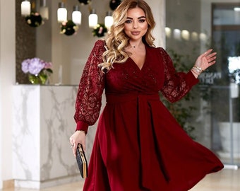 V Neck, Faux Wrap, Lace Dress plus size, with long sleeves,  A-line, Knee-Length, guest Cocktail Belted burgundy  dress