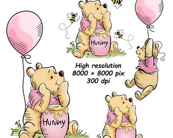 Pink Winnie the Pooh Clipart, Hunny Pot, Balloon, Bees (Digital Download)