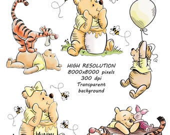 Winnie the Pooh Bear PNG Clipart, Hunny Pot, Nursery Art (Digital Download, 5 PNG Files)