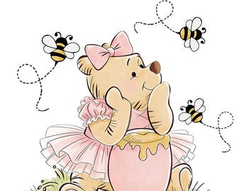 Pink Winnie the Pooh, Bear Clipart, Hunny Pot, Balloon, Baby Birthday Decor (4 PNG file)