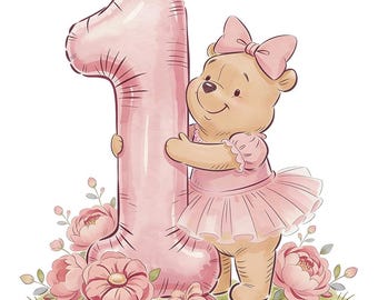 Teddy Bear 1st Birthday Clipart: Pink Number 1 Balloon Illustration (Digital Download)