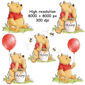 May include: A collection of Winnie the Pooh illustrations featuring the yellow bear in a red shirt, sitting on green grass. Some images show the bear with a honey pot labelled HUNNY, red balloons, and small bees. Text reads High resolution 8000 x 8000 px 300 dpi.