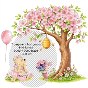 May include: A watercolor illustration featuring a large tree with pink blossoms, a hanging beehive, and three bees. A yellow bear in a pink tutu sits with a honey pot labeled Hunny, while a small pink pig holds a bouquet of colorful flowers.