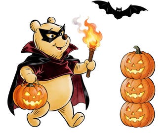 くまのプーさん ハロウィン クリップアート – 吸血鬼、カボチャ、コウモリ (デジタルダウンロード)