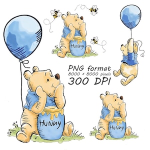 Clipart di Winnie the Pooh, vasetto di miele con camicia blu, illustrazione per cameretta e baby shower (PNG 300 DPI)