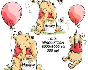Winnie the Pooh Clipart Bundle, Hunny Pot Bear, Balloon PNG (Digital Download)