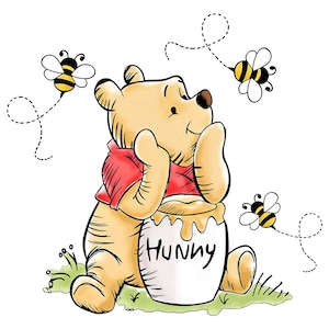 May include: A yellow bear with a red shirt sits on green grass, resting its chin on its hands while leaning against a white honey pot labeled HUNNY. Three small bees with black and yellow stripes fly around the bear, each following a dotted flight path.