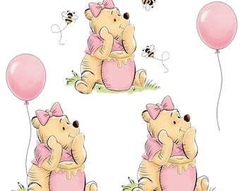 Winnie the Pooh Clipart – Pink Shirt, Honey Pot, Bees (Digital Download)