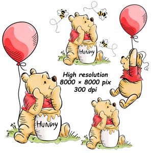 Paquete de imágenes prediseñadas de Winnie the Pooh, Oso con tarro de miel, Globo PNG (Descarga digital)