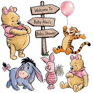May include: A collection of Winnie the Pooh characters including two yellow bears in pink shirts, a blue donkey, a pink piglet holding daisies, and a tiger holding a pink balloon. A wooden signpost reads Welcome To Baby Alex's Baby Shower.