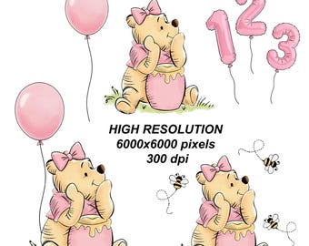 Pink Winnie Bear Clipart, Hunny Pot, Balloon, Baby Birthday Decor (PNG)