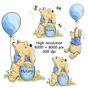 Könnte beinhalten: Eine Sammlung von Cartoon-Illustrationen mit einem gelben Bären in einem blauen Hemd, der einen blauen Ballon und einen Honigtopf hält. Der Honigtopf ist mit "Hunny" beschriftet. Das Bild enthält auch Bienen und den Text "High resolution 8000 x 8000 pix 300 dpi".