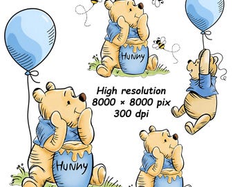 May include: A collection of cartoon illustrations featuring a yellow bear with a blue shirt, holding a blue balloon and a honey pot. The honey pot is labeled "Hunny". The image also includes bees and the text "High resolution 8000 x 8000 pix 300 dpi".