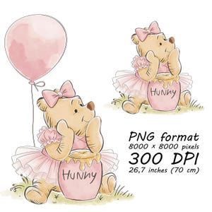 Pink Winnie the Pooh Clipart, Hunny Pot, Balloon, Watercolor Bear (Digital Download)