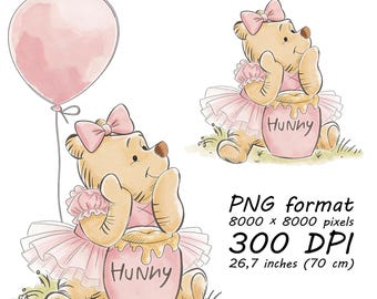 Pink Winnie the Pooh Clipart, Hunny Pot, Balloon, Watercolor Bear (Digital Download)