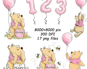 Winnie the Pooh in Pink, Bear Clipart pink, Hunny Pot, Balloon, Baby Birthday Decor pink (17 PNG file 8000*8000 pix)